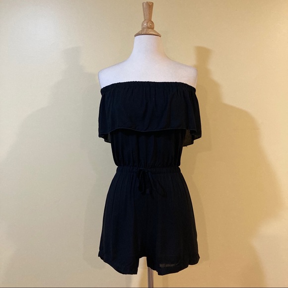 Ruffled Off Shoulder Tie Waist Romper Black - Picture 2 of 5